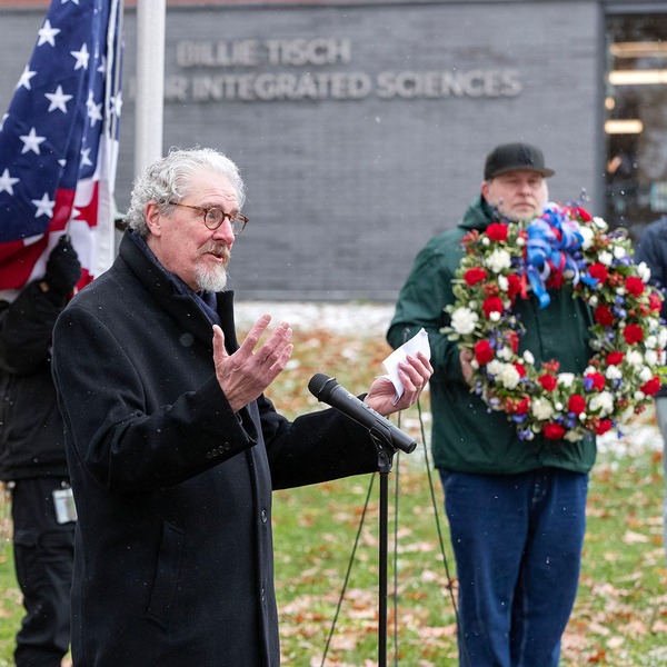 Professor of Management and Business Emeritus Jim Kennelly, a U.S. Air Force veteran, speaks during the campus Veterans Day c