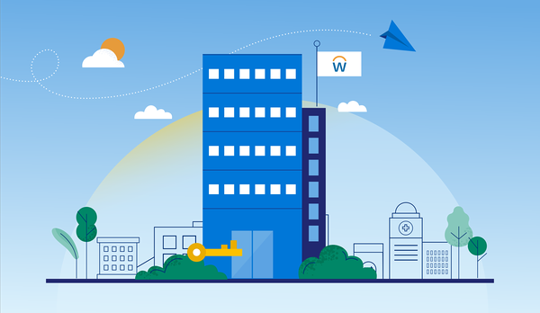 Illustration of a large blue office building with a Workday logo flag on top, a golden key at its entrance