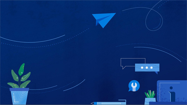 Dark blue illustration featuring icons representing digital communication and support